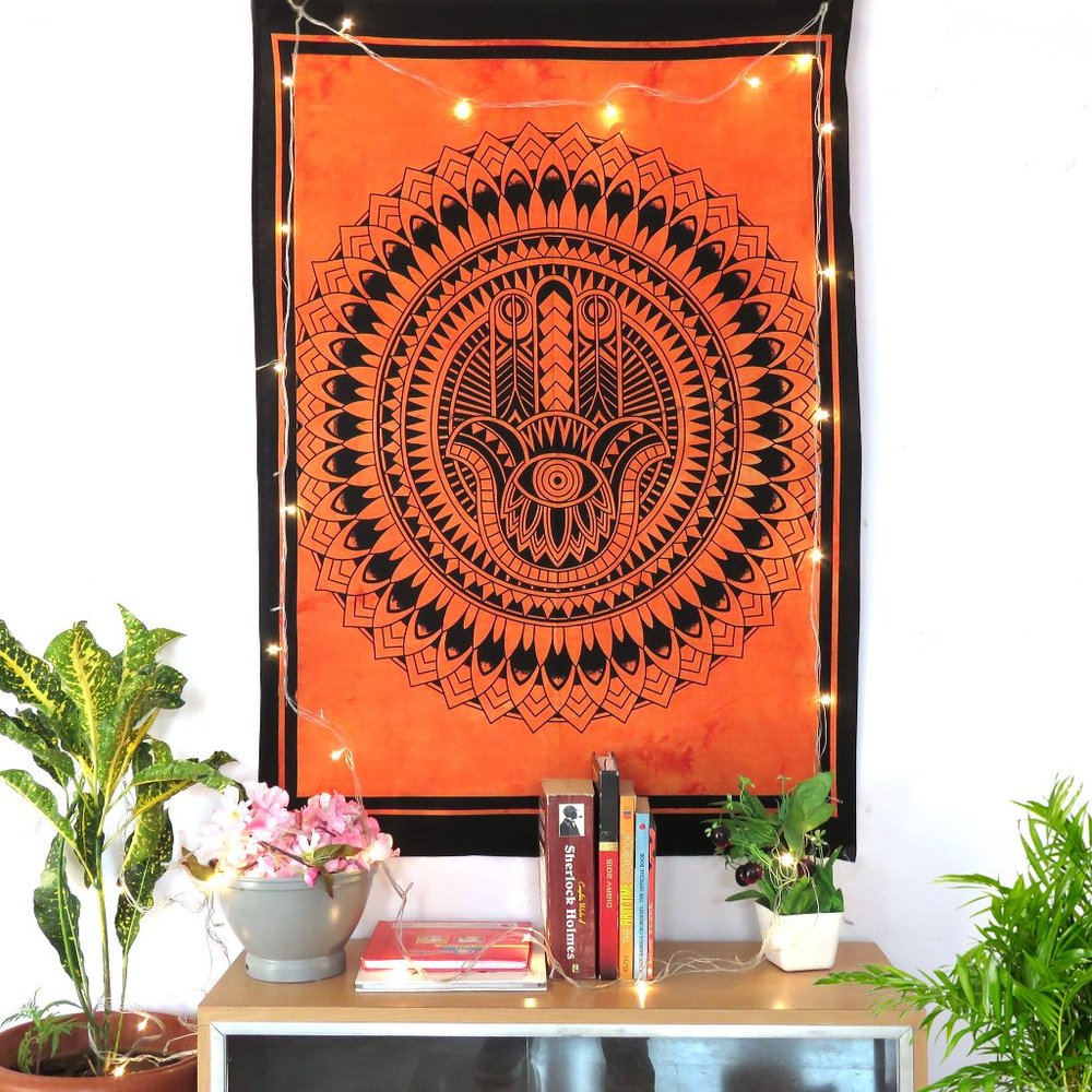 Oussum Tapestry Orange Hamsa Print Wall Hanging Poster for Home Decor